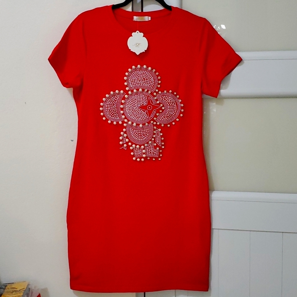 Fashion Pearl and Rhinestone Womens Red Dress Large/XLarge